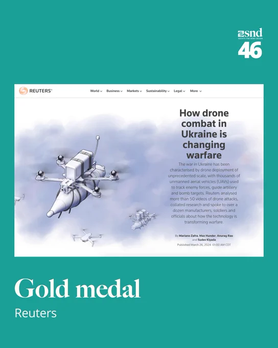 Reuters illustration featuring stylized drones in flight over a smoky background. Headline reads “How drone combat in Ukraine is changing warfare,” with a summary describing the unprecedented use of drones in the conflict and Reuters' analysis. Awarded a gold medal at SND46.