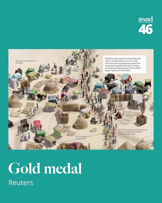 Reuters visual showing an aerial-style illustration of a refugee camp with improvised tents, straw huts, and numerous people. Labels describe lack of latrines and reliance on aid in the context of conflict between Sudanese forces. Winner of an SND46 gold medal.