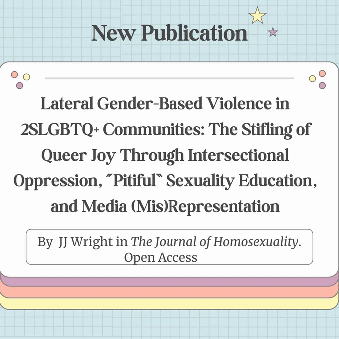 new publication: Lateral Gender-Based Violence in 2SLGBTQ  Communities: The Stifling of Queer Joy Through Intersectional Oppression, “Pitiful” Sexuality Education, and Media (Mis)Representation. jj wright in the journal of homosexuality. open access