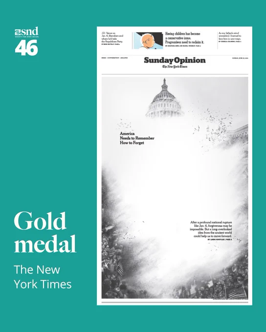 Black-and-white Sunday Opinion cover featuring the U.S. Capitol dome surrounded by swirling smoke and crowds. The headline reads: “America Needs to Remember How to Forget,” referencing the national reckoning after Jan. 6. Gold medal winner, SND46.