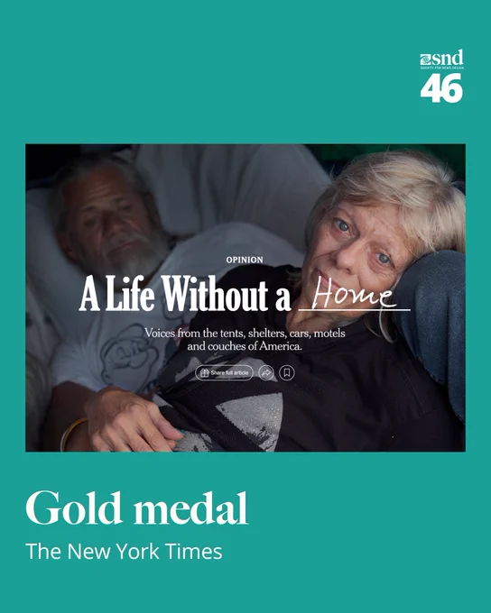 Sunday Opinion cover photo showing a woman lying next to a man in what appears to be a shelter or temporary bed. Text reads: “A Life Without a Home — Voices from the tents, shelters, cars, motels and couches of America.” Gold medal winner, SND46.
