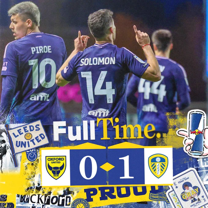 Full-time graphic showing: Oxford United 0-1 Leeds United. Solomon celebrates his goal.