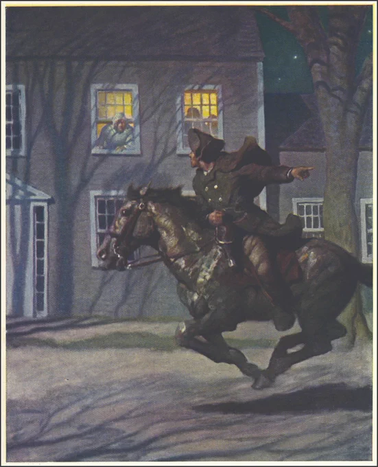 Shown is N.C. Wyeth's painting, "Paul Revere," (also known as "Paul Revere's Ride") was created in 1922. It depicts the iconic image of Paul Revere riding his horse during the events of the night of April 18, 1775. The painting is an oil on canvas, and it is currently part of the collection at the Brandywine Conservancy and Museum of Art in Chadds Ford, PA. 