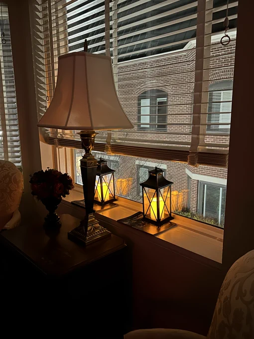 Two lamps in the window of James Madison Memorial Fellowship Foundation's window (shown from the inside of the building).
