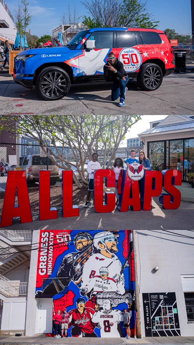 A photo collage of today's Playoff Pep Rally at Union Market District featuring the Lexus Weagle Wagon, a giant ALLCAPS sign, and David Barr's 'GR8NESS' mural. 