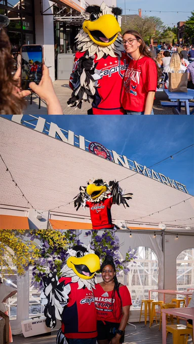 A photo collage of today's Playoff Pep Rally at Union Market District featuring Slapshot.