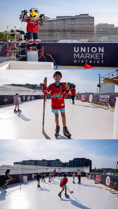 A photo collage of today's Playoff Pep Rally at Union Market District and the Capitals SkyRink at Hi-Lawn featuring complimentary pairs of yellow laces in honor of Alex Ovechkin.