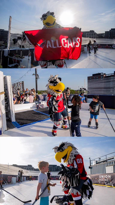 A photo collage of today's Playoff Pep Rally at Union Market District featuring Slapshot and the Capitals SkyRink at Hi-Lawn.
