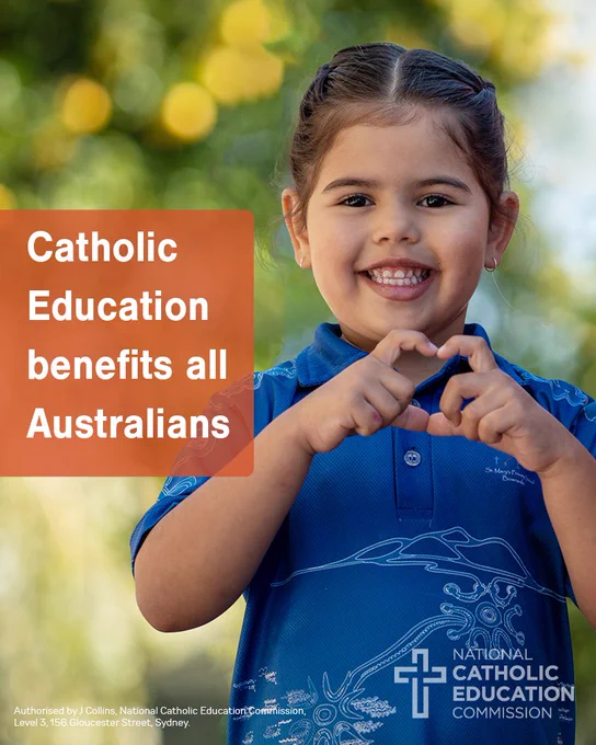 a child wearing a blue shirt making the heart sign next to text that reads Catholic education benefits all Australians.