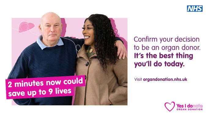 The graphic shows an older white male, with his arm around a young black female. The implication is that they are supporting each other through organ donation. The text reads 2 minutes now could save up to 9 lives.