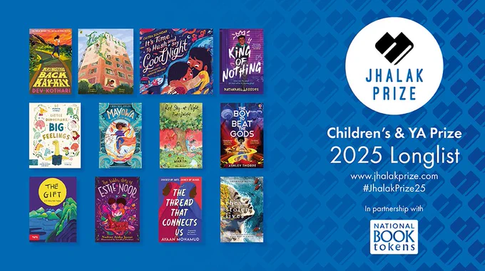 Graphic with blue background and logos and information in white on the left and book jackets of Jhalak Children's & Young Adult Prize 2025 longlist on the right. Link to longlisted books in our bio. 