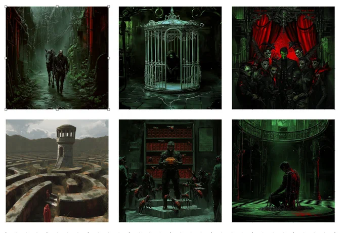 Six images générées par IA, de style gothique :
Image 1 : L'homme et la Tranchée
Un homme menant un cheval, marche vers une tranchée sous une pluie grise.
Image 2 : La Cage de l'Architecte
Un homme replié dans une cage blanche, baroque, dans une salle de pierre.
Image 3 : LE Bal des Masques
Des Maîtres masqués devant un rideau rouge, dans une mise en scène grotesque.
Image 4 : Le Labyrinthe des Passions
Vue aérienne d’un labyrinthe, avec une tour centrale et des enfants en robe rouge.
Image 5 : L’Essaim Obéissant
Un homme donne du miel, des abeilles autour, des rayons d’archives derrière lui.
Image 6 : Le Trône Vide
Un homme seul, couvert de chaîne, à genoux sur un damier, dans une salle gothique vide et verte.