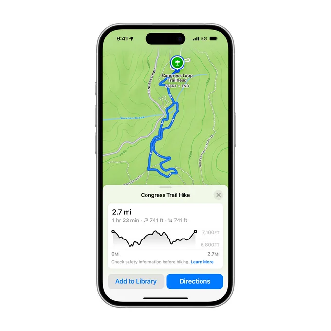 iPhone shows the Congress Trail Hike in Apple Maps.
