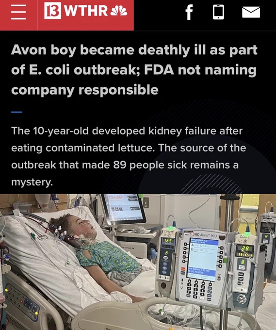 Avon boy became deathly ill as part of E. coli outbreak; FDA not naming company responsible

The 10-year-old developed kidney failure after eating contaminated lettuce. The source of the outbreak that made 89 people sick remains a mystery.
STANDBY