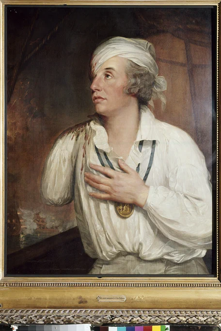 Portrait of Nelson, showing him with a missing arm and a bandaged head, with a hand over his heart.