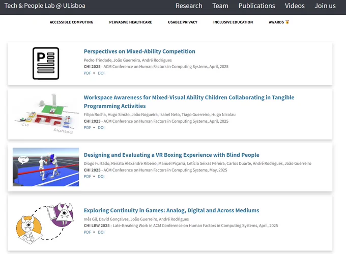 Tech&People publications webpage with the CHI papers and LBW highlighted. 