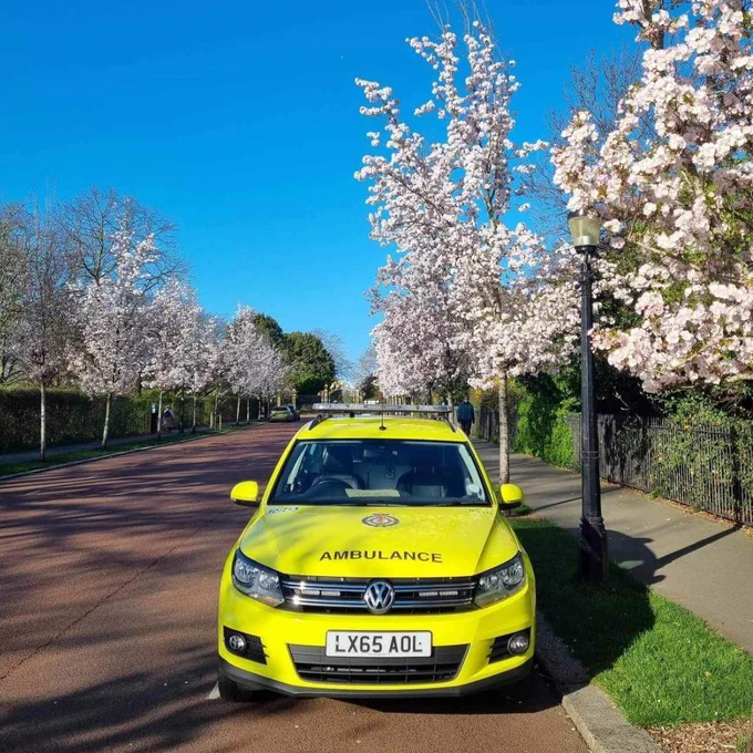 Blossoming trees in London, with a stationery ambulance vehicle in view. 