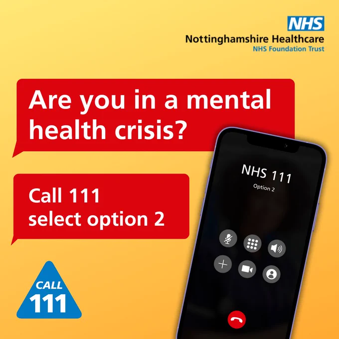 Picture of phone. 'Are you in a mental health crisis?, Call 111 select option 2'