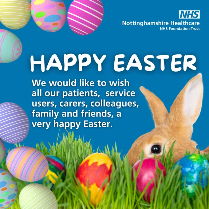Image of Easter eggs and a bunny rabbit. Message reads: Happy Easter. We would like to wish all our patients, service users, carers, colleagues, family and friends a very happy Easter.