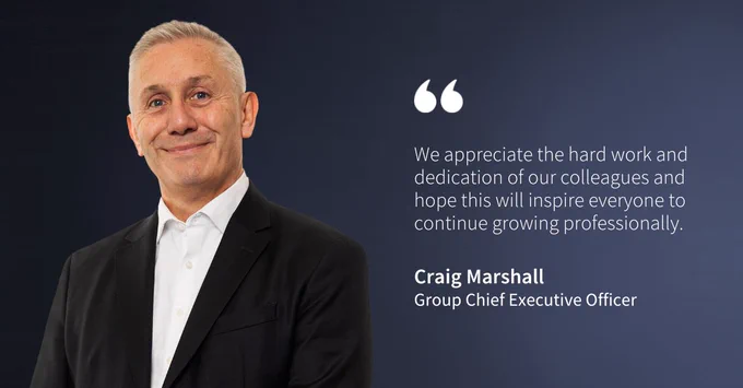 Craig Marshall, Group Chief Executive Officer, smiling in a professional portrait with a quote about appreciating the hard work and dedication of colleagues.