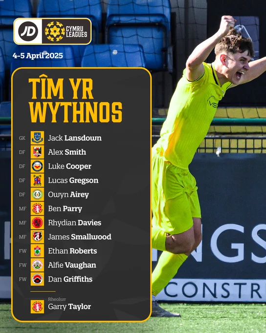 JD Cymru Leagues Team of the Week graphic 

GK - Jack Lansdown (Llantwit Major)
DF - Alex Smith (Gresford Athletic)
DF - Luke Cooper (Newport City)
DF - Lucas Gregson (Mold Alexandra)
DF - Owyn Airey (Penrhiwceiber Rangers)
MF - Ben Parry (Afan Lido)
MF - Rhydian Davies (Penrhyncoch)
MF - James Smallwood (Guilsfield)
FW - Ethan Roberts (Colwyn Bay)
FW - Alfie Vaughan (Denbigh Town)
FW - Dan Griffiths (Pontypridd United)
Manager - Garry Taylor (Afan Lido)