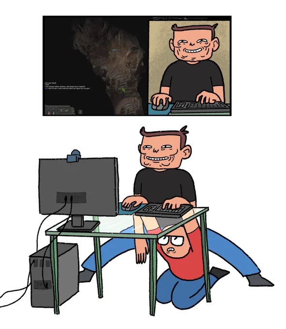 2 panel comic

Panel 1: Elon Musk streaming gameplay. His hands can be seen on his mouse and keyboard

Panel 2: wider shot reveals Musk has a Small Nerd under the table, who is reaching up and playing for him