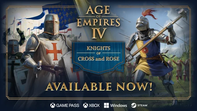 Promotional banner for Age of Empires IV's upcoming DLC, Knights of Cross and Rose. On the right, a knight in a yellow and blue tabard with a rose in its center and a red plumed helmet represents the House of Lancaster. He rushes forward with war hammer against a backdrop of a medieval battlefield with a line of archers standing behind him. On the left, an army of Templar Knights wearing white armor with red crosses and Teutonic Knights in white armor with black crosses stand together, their banner blowing in the wind. The official AOE IV - Knights of Cross and Rose logo is in the center of the image with the text, "AVAILABLE NOW" featured below it. The logos for Game Pass, XBOX, Windows, and STEAM are featured at the bottom center of the image. 