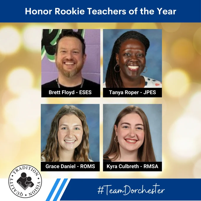 DDTwo announces the 2025 Honor Rookie Teachers of the Year! Brett Floyd of Eugene Sires Elementary, Tanya Roper of Joseph R. Pye Elementary, Grace Daniel of River Oaks Middle, and Kyra Culbreth of Rollings Middle School of the Arts.
