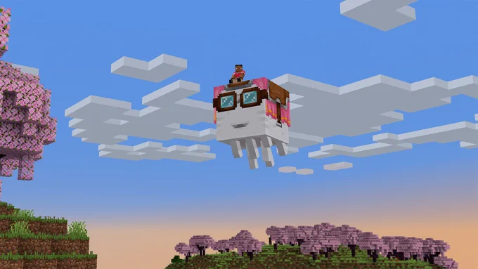 Happy ghast being ridden by a player