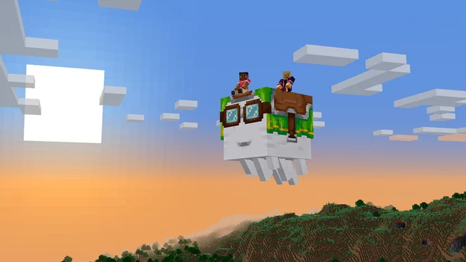 Happy ghast being ridden by a player