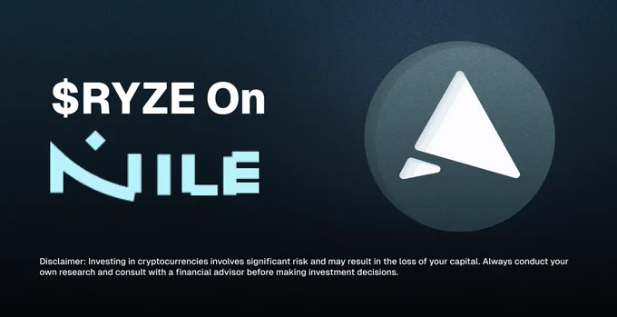 Graphic announcement showing "$RYZE On Nile" with Aryze’s triangular logo on the right and the Nile DEX logo on the left. A disclaimer at the bottom advises on the risks of investing in cryptocurrencies and the importance of conducting personal research. The background is a dark gradient, creating a sleek and professional look.