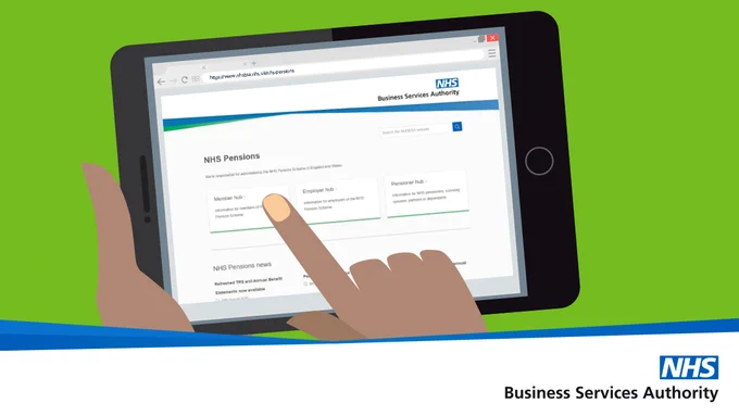 A person's hand pointing at a tablet screen displaying the NHS Pensions website.