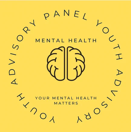 A yellow square logo with a simple black brain icon in the center. Above the brain, the words “MENTAL HEALTH” are written in all caps. Below the brain, it says “YOUR MENTAL HEALTH MATTERS” in smaller text. Surrounding the center text and brain image, there is a circular line of text that reads: “YOUTH ADVISORY PANEL YOUTH ADVISORY” in all caps.