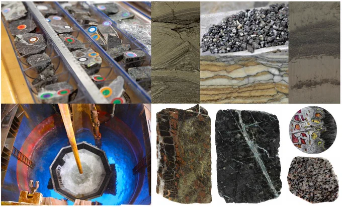 Cover photographs show notable events from the cruise, including basement samples flagged for personal sampling with colorful stickers (top left: Tiffany Liao, IODP JRSO) and the deployment of the reentry cone and casing system at Site U1616 (bottom left: Kevin Grigar, IODP JRSO), as well as lithologies and structures encountered in the sediment and basement of Expedition 402 sites. Top right, clockwise from left: finely laminated sediment at Site U1614 (IODP JRSO), volcaniclastic gravel recovered in the core catcher at Site U1615 (Tiffany Liao, IODP JRSO), turbidite and tephra deposits at Site U1616, and evaporite deposits from U1617 (IODP JRSO). Bottom right: veined harzburgite and lherzolite from Site U1614 (IODP JRSO), a color pencil sketch of a serpentinized lherzolite in thin section (Eirini Poulaki, IODP JRSO), and granite from Site U1612 (IODP JRSO).