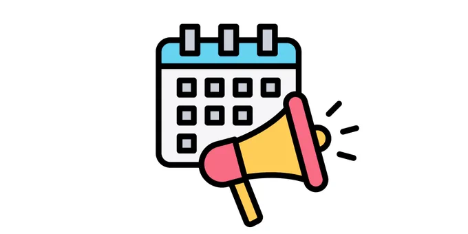 Decorative graphic of a megaphone over a calendar.