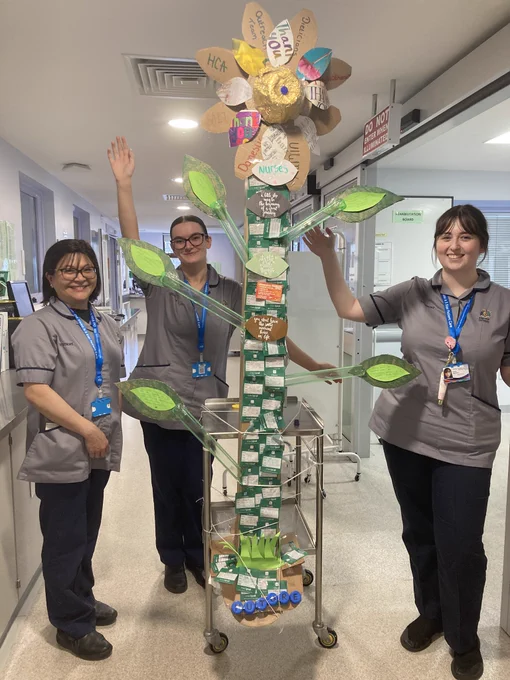 3 student nurses wearing grey tunics with a large model of a flower based on recycled materials