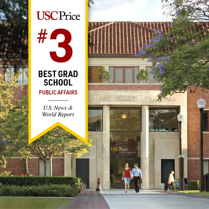 Exterior view of USC Price School of Public Affairs, featuring a banner proclaiming its rank as #3 Best Grad School in Public Affairs by U.S. News & World Report. Students are walking in the foreground.