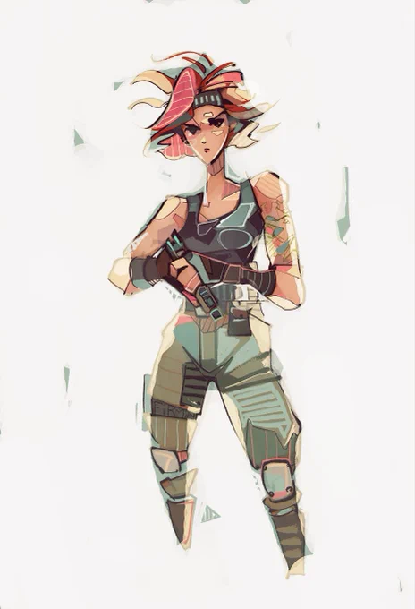 Illustration from the shins up of Meryl Silverburgh, a character from the Metal Gear Solid franchise.  She is a soldier with a fluffy bobcut of red hair, a headband, and tough expression.  She is wearing a dark tanktop tucked into belted, green military pants that bloom from the constriction of a thigh holster as well as knee pads and high boots.  She is racking the slide of a pistol held in front of her, and her left bicep is wrapped in a “FOXHOUND” tattoo.