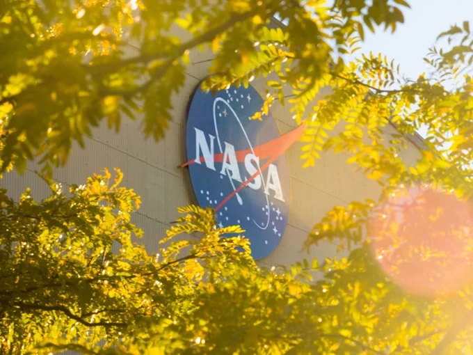 The NASA meatball logo, attached to a gray building, is seen through bright green leaves lit by the Sun. Credit: NASA