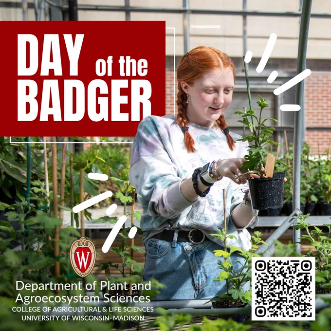 A person holds a potted plant in a greenhouse. Text reads, "Day of the Badger." A QR code is in the bottom right corner.