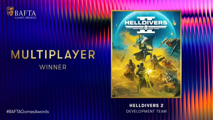 Designed graphic with oil slick rainbow effect and fluting background. There is an image of the cover art for Helldivers 2 and the BAFTA Games Awards logo sits in the top left hand corner. The text reads ‘Multiplayer Winner: Helldivers 2 Development Team’