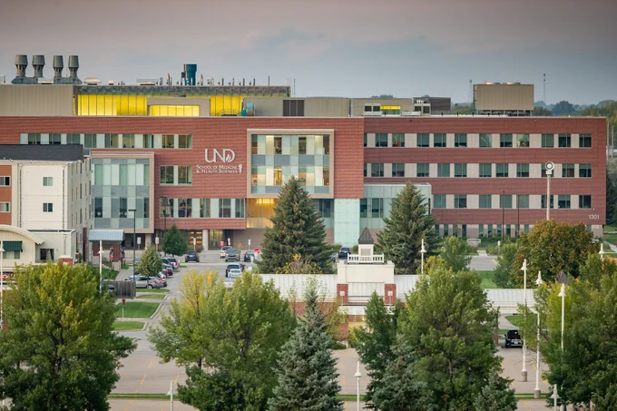 A drone photo of the UND Health and Medical Science building.