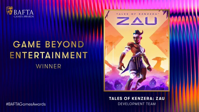 Designed graphic with oil slick rainbow effect and fluting background. There is an image of the cover art for Tales Of Kenzera: Zau and the BAFTA Games Awards logo sits in the top left hand corner. The text reads ‘Game Beyond Entertainment Winner: Tales of Kenzera: Zau Development Team‘