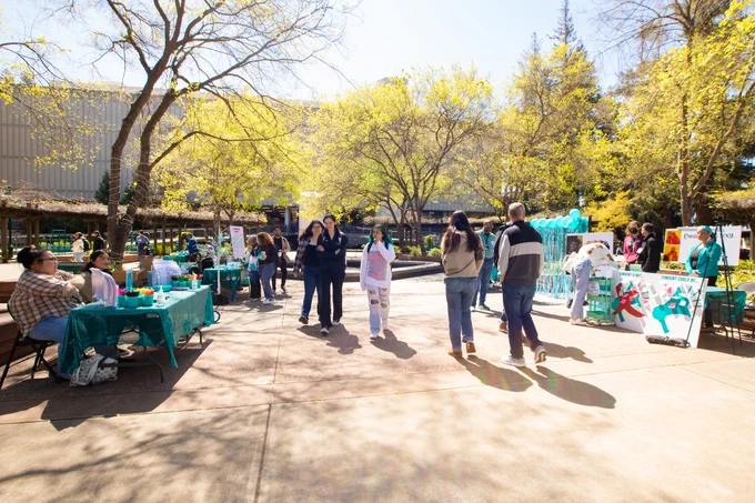 Outdoor Sexual Assault Awareness Month Day of Action fair in the Library Quad. People visiting booths and tables.