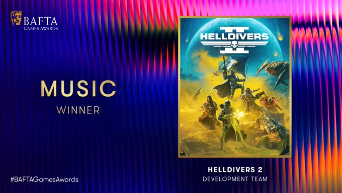 Designed graphic with oil slick rainbow effect and fluting background. There is an image of the cover art for Helldivers 2 and the BAFTA Games Awards logo sits in the top left hand corner. The text reads ‘Music: Helldivers 2'