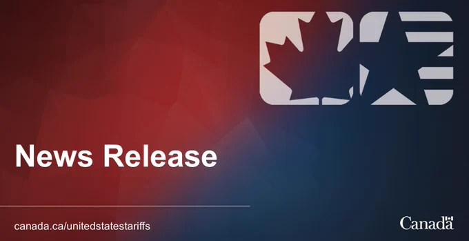 Graphic with text: “News Release”. Features a stylized maple leaf and star icon on a red-blue gradient background. Canada wordmark in bottom right corner.