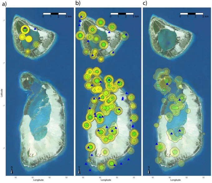 Map of home range estimates for giant trevally (Caranx ignobilis)