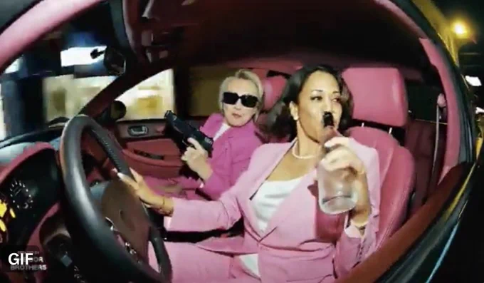 AI meme of Clinton and Harris in pink suits drinking in a car and holding guns.