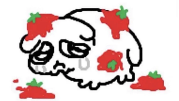 Line art from unknown artist: A sad, crying dog is curled up in fear as tomatoes are thrown at it.