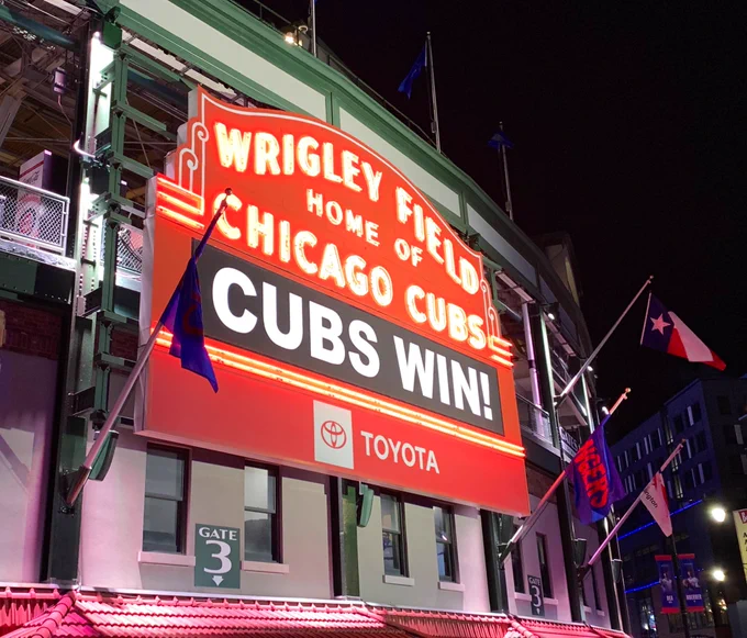 Wrigley Field Marquee reads Cubs Win!